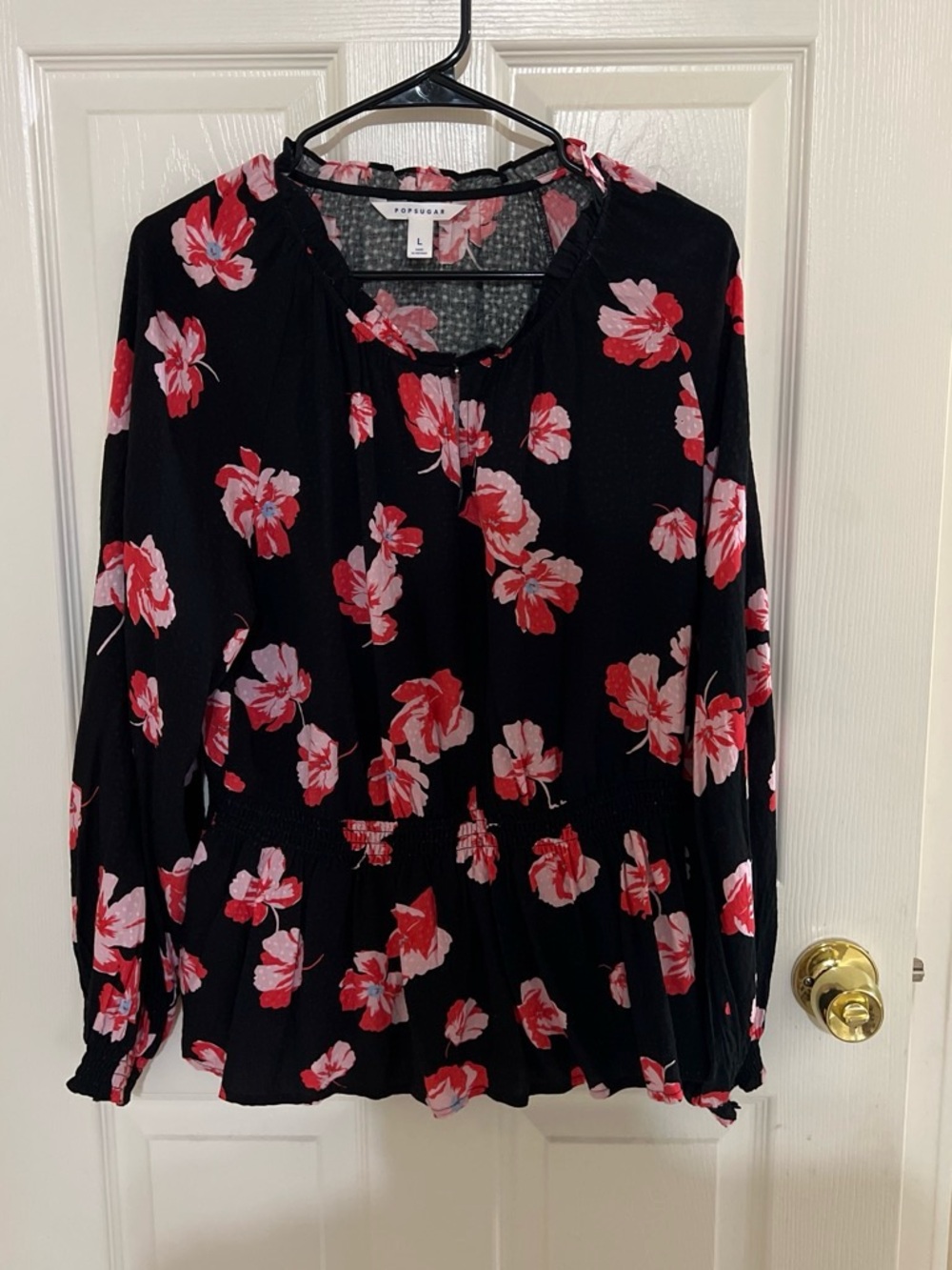 POPSUGAR Black Tunic Blouse with Pink and Red Floral Print